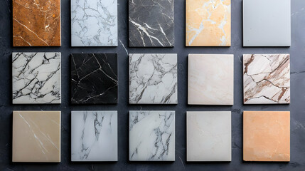 Variety Of Square Marble Tile Samples Displayed On A Dark Grey Backdrop Showcasing Different Colors And Textures For Interior Design Selection