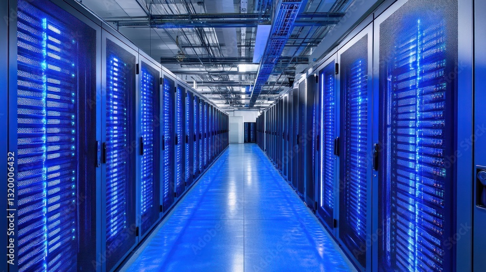 Poster illuminated server room: a glimpse into the digital core