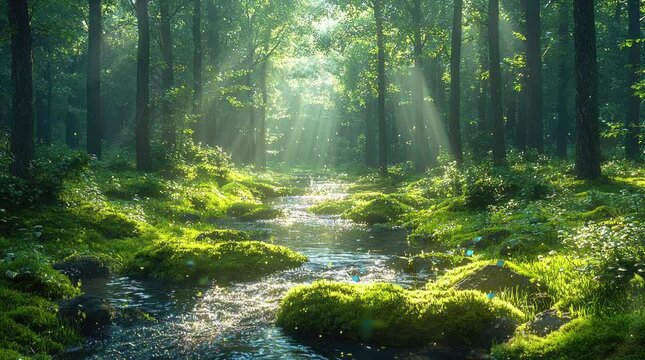 A serene forest scene with sunlight filtering through trees and a gentle stream. Seamless looping 4k video background 