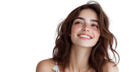 Portrait of a beautiful woman with a happy smile and looking up, isolated on a transparent background.