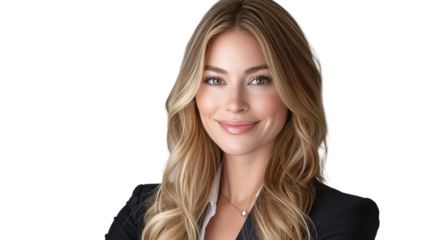 Portrait of a beautiful, smiling businesswoman with long blonde hair in a suit, professional headshot on transparent background.