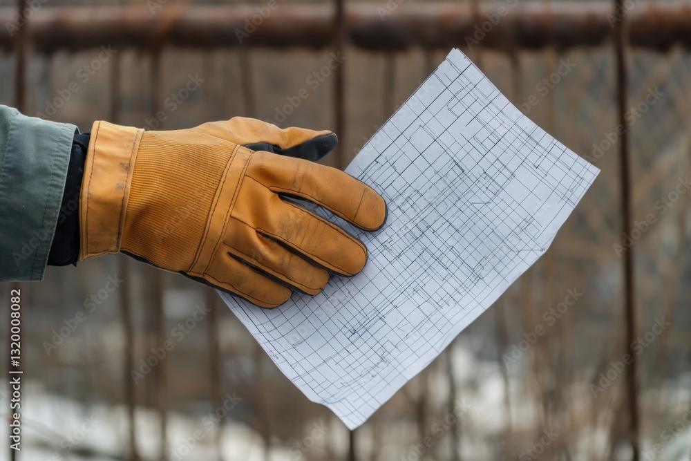 Poster hand in safety glove holds blueprint with construction site background during daylight providing spa