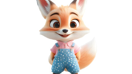 Playful Fox Character: An adorable cartoon fox wearing overalls and a pink shirt, rendered in a vibrant and friendly style