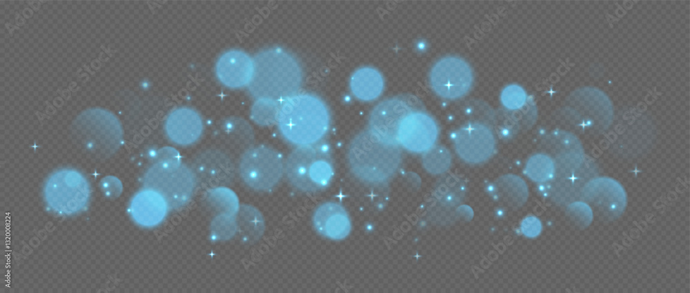 Wall mural blue bokeh with stars and sparkles, shiny overlay decoration isolated on grey background. vector ill