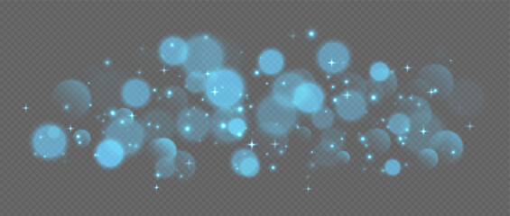 Blue bokeh with stars and sparkles, shiny overlay decoration isolated on grey background. Vector illustration. © Likanaris