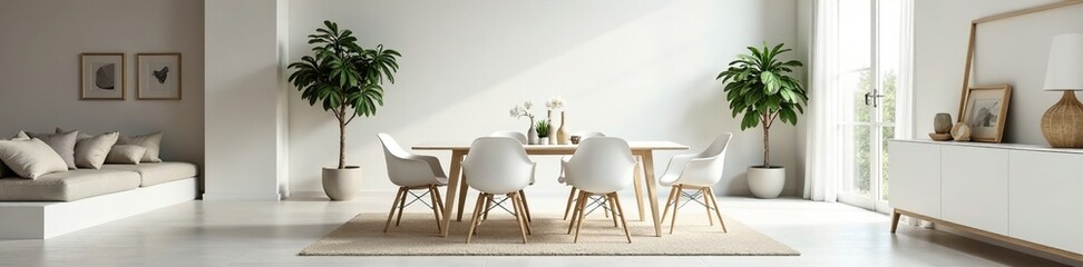 Elegant white dining set in neutral living room , contemporary, open plan