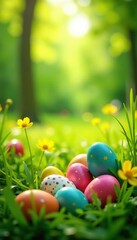 Panoramic view of diverse Easter eggs nestled in a sunlit meadow of bright green grass , easter design, panorama, choice