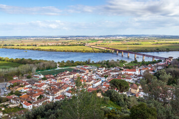 View over the Tagus River and the marshland from the São Bento viewpoint in Santarém, Portugal.