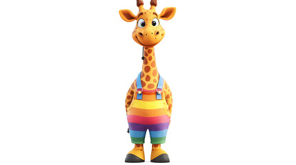 Playful Giraffe Character: A cheerful, anthropomorphic giraffe character stands tall, wearing colorful rainbow overalls and radiating joy, ready to be a friend. 