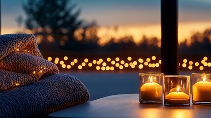 Obraz premium Cozy Evening Scene with Candles and Knitted Blankets