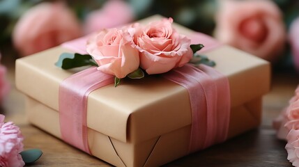 Wrapped Gift Box with Roses and Pink Ribbon for Special Occasion