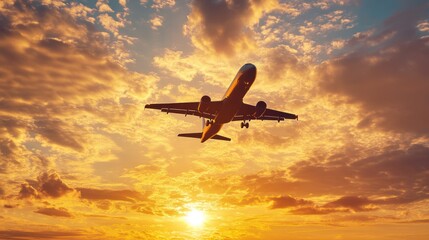 Fototapeta premium Majestic Sunset Flight: Airplane Silhouette Against a Vibrant Golden Sky