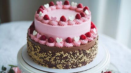 a beautifully decorated tiered cake with layers of pink and chocolate frosting