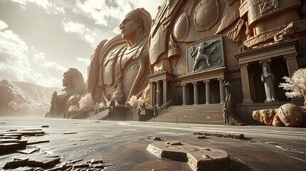 A surreal infrared image of a grand epic scene.  A cast bronze surface with an antique patina finish is depicted in a massive scale, with heroic elements