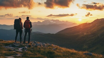 Fototapeta premium Couple Hiking at Sunset Over Majestic Mountains