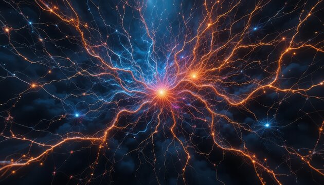 Electric Discharge Network with Blue and Orange Glowing Light