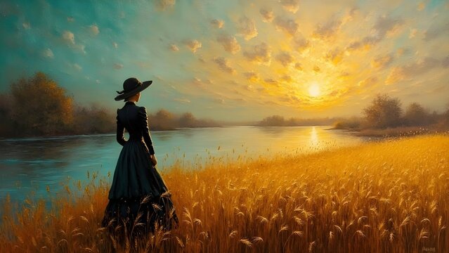 Woman in arable field beside river