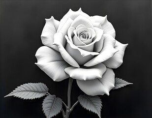 Black and white rose painting with fine lines, featuring elegant petal detail and soft leaf texture, creating a classic and dramatic effect