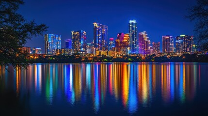 Fototapeta premium Vibrant Nighttime Cityscape Reflection Over Calm Water in Austin, Texas with Colorful Lights and Modern Buildings