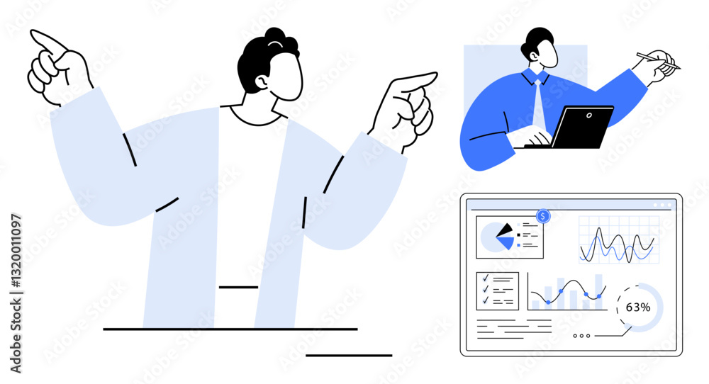 Poster person presenting with dynamic gestures, professional using laptop, data charts with analytics. idea