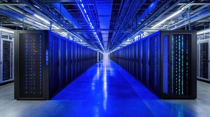 Fototapeta premium Illuminated Data Center: Rows of Servers in a Modern Data Center