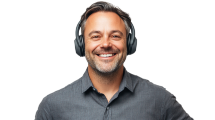Customer service representative smiling with headphones, isolated on transparent background.