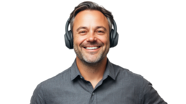 Customer service representative smiling with headphones, isolated on transparent background.
