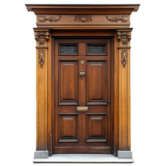 Elegant wooden door with classic frame, cut out. Isolated on a transparent background.