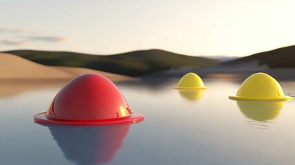 3D Illustration of an Orange Egg Sphere Reflecting Light on Ocean Water at the Beach