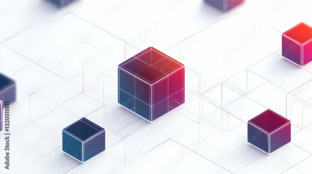 Poster isometric cubes in gradient colors with dotted lines and white background showing digital network an
