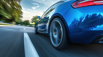 Dynamic Motion of a Blue Sports Car on a Scenic Road