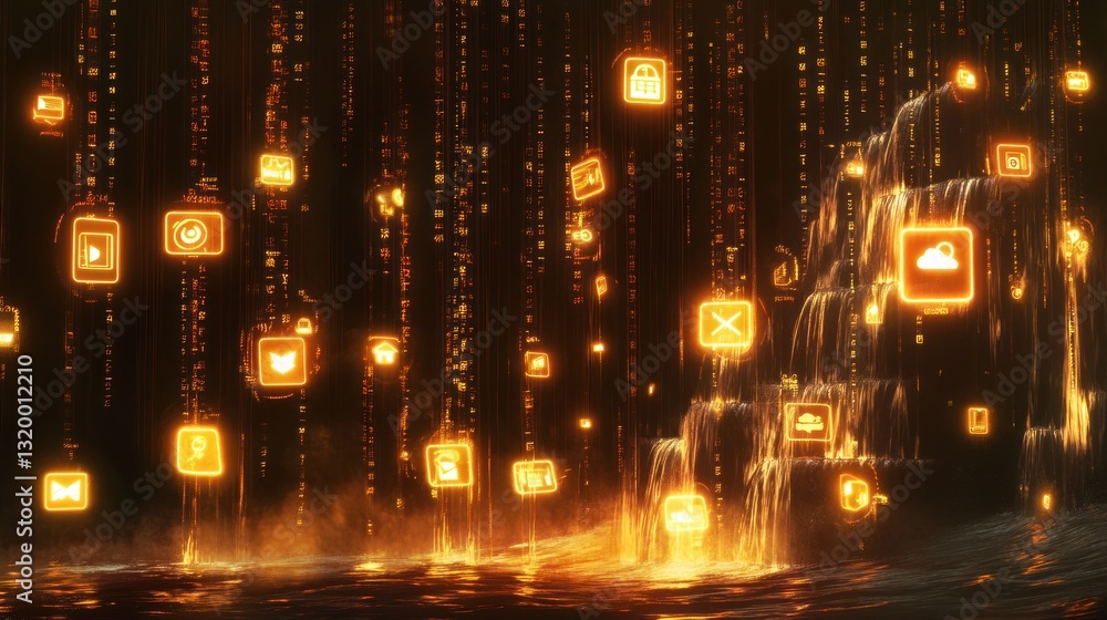 Aufkleber digital waterfall: a cascade of glowing app icons flowing into a dark pool, symbolizing the constant