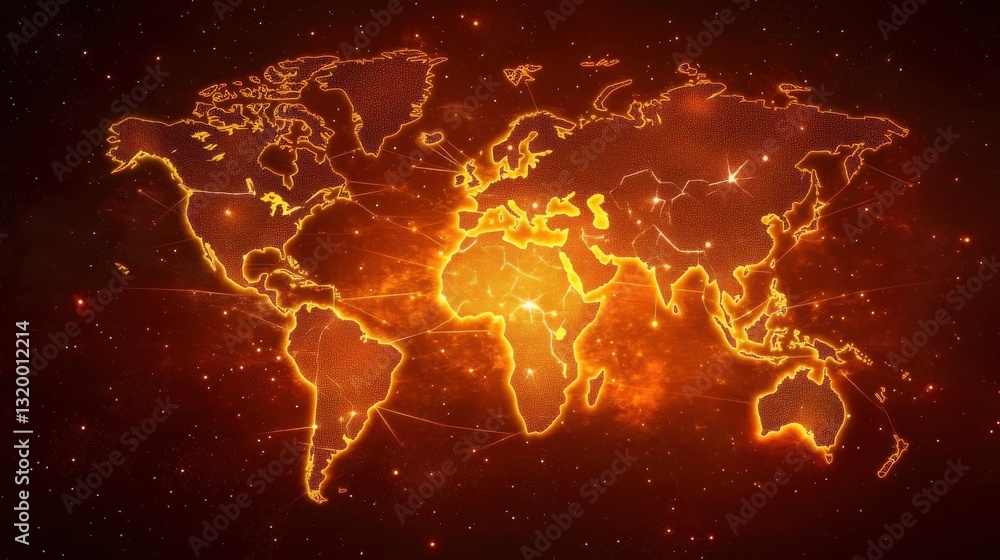 Poster illuminated world map with bright starry background and vibrant glow effects representing global con