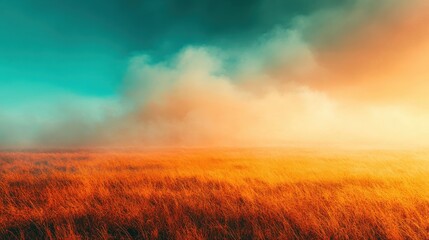 Obraz premium Serene Landscape with Lush Grass Fields Under Dramatic Sky and Colorful Sunrise Clouds