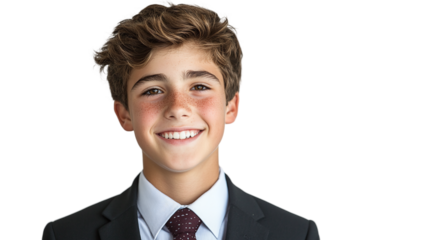 Portrait of a smiling handsome high school boy wearing a tie, isolated on transparent background.