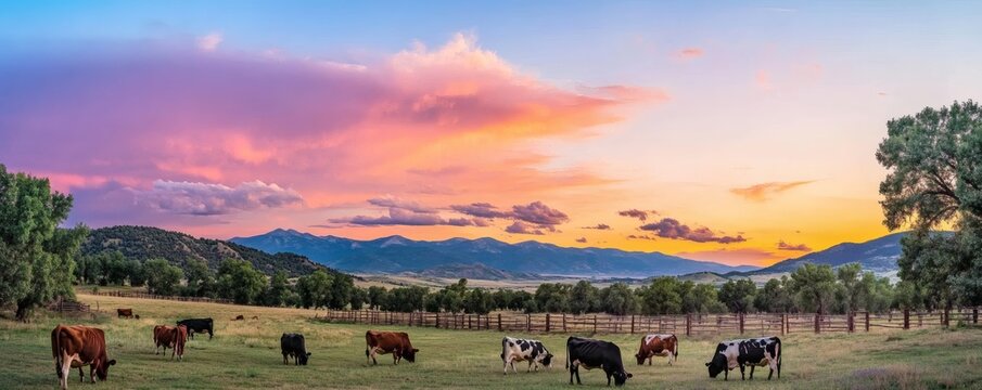 Cows graze in a peaceful pasture during a vibrant sunset scene - Powered by Adobe