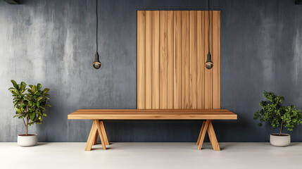 Modern wooden bench with plants and pendant lights in stylish interior