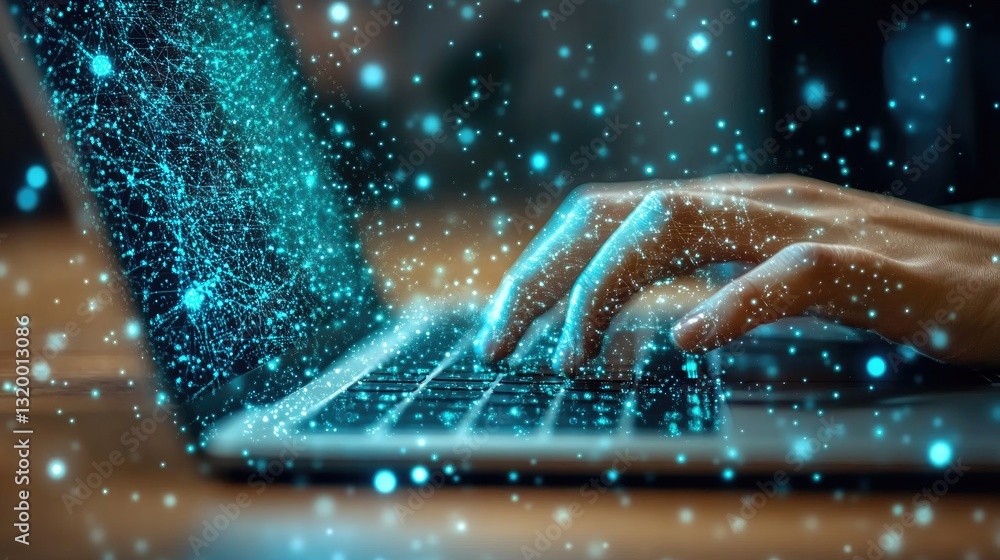 Poster digital network connection, hand typing on laptop with abstract data visualization