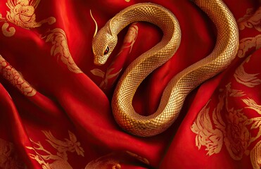 Fototapeta premium Vibrant Chinese New Year Greetings Featuring a Majestic Golden Snake on a Red Background Symbolizing Prosperity Fortune and Good Luck for the Celebratory Festivities and Traditions