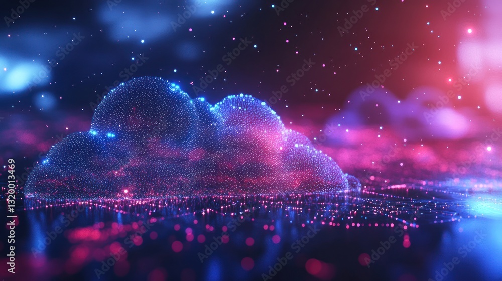 Poster abstract cloud computing network: digital data, neon glow, futuristic technology, global connection