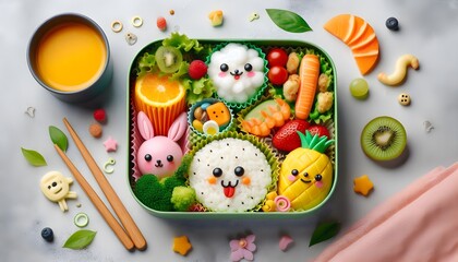 Obraz premium Playful food arrangement in a cute bento box with fun character designs