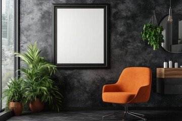 Orange chair, plants, blank frame, dark wall, modern interior.