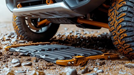 Off-road vehicle showcasing a rugged traction board on rocky terrain, enhancing adventure readiness