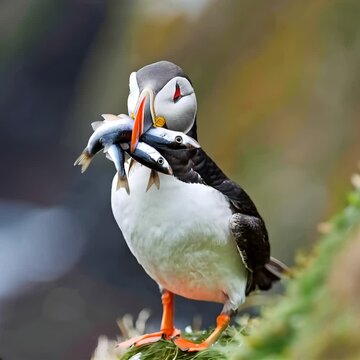 Atlantic puffin holding fish in its beak