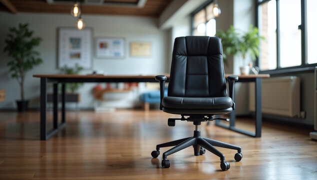 Empty chair in an office room symbolizing a job vacancy announcement, with copy space for text	
