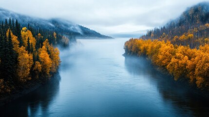 Obraz premium Misty Autumn River Landscape: Serene Autumnal River Scene in the Mountains