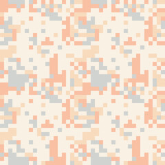 A seamless pixelated abstract pattern design in soft pastel colors: beige, light orange, and gray. creating a slightly abstract texture reminiscent of vintage digital art