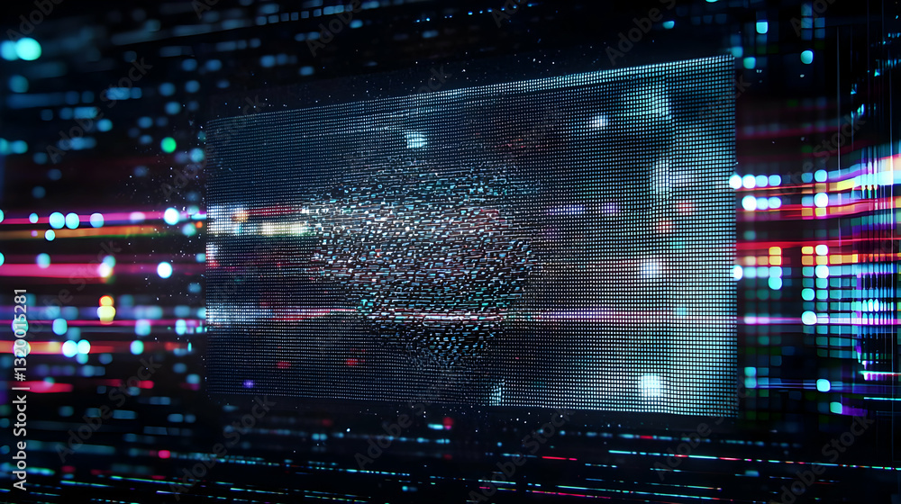 Poster 3d rendered abstract digital cube with glowing light streaks and data flow in cyberspace