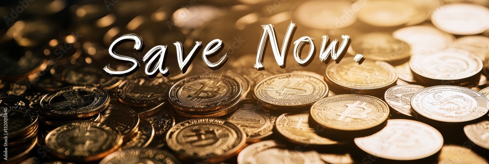 Poster Golden coins and banknotes create a vibrant backdrop emphasizing the call to save now with captivating light effects