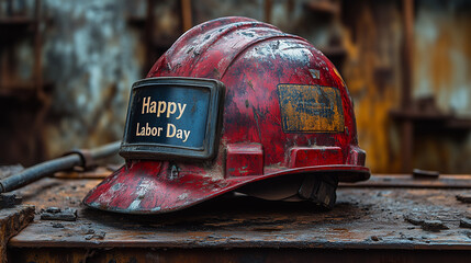 Safety helmet with 'Happy Labor Day' sticker